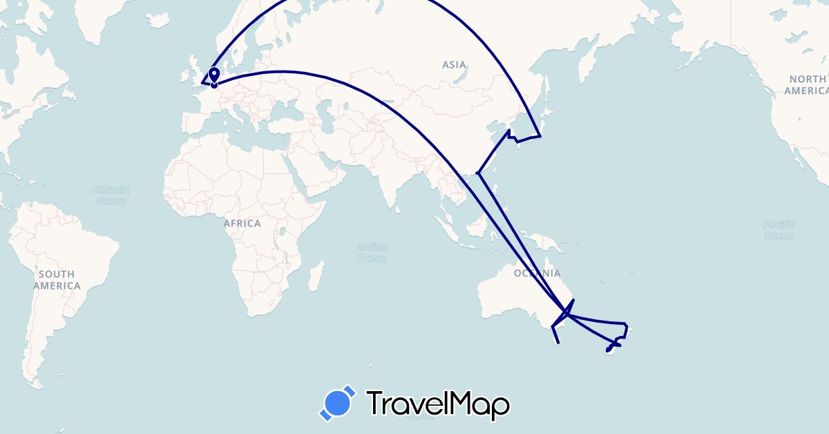 TravelMap itinerary: driving in Australia, Belgium, United Kingdom, Hong Kong, Japan, South Korea, Macau, New Zealand (Asia, Europe, Oceania)